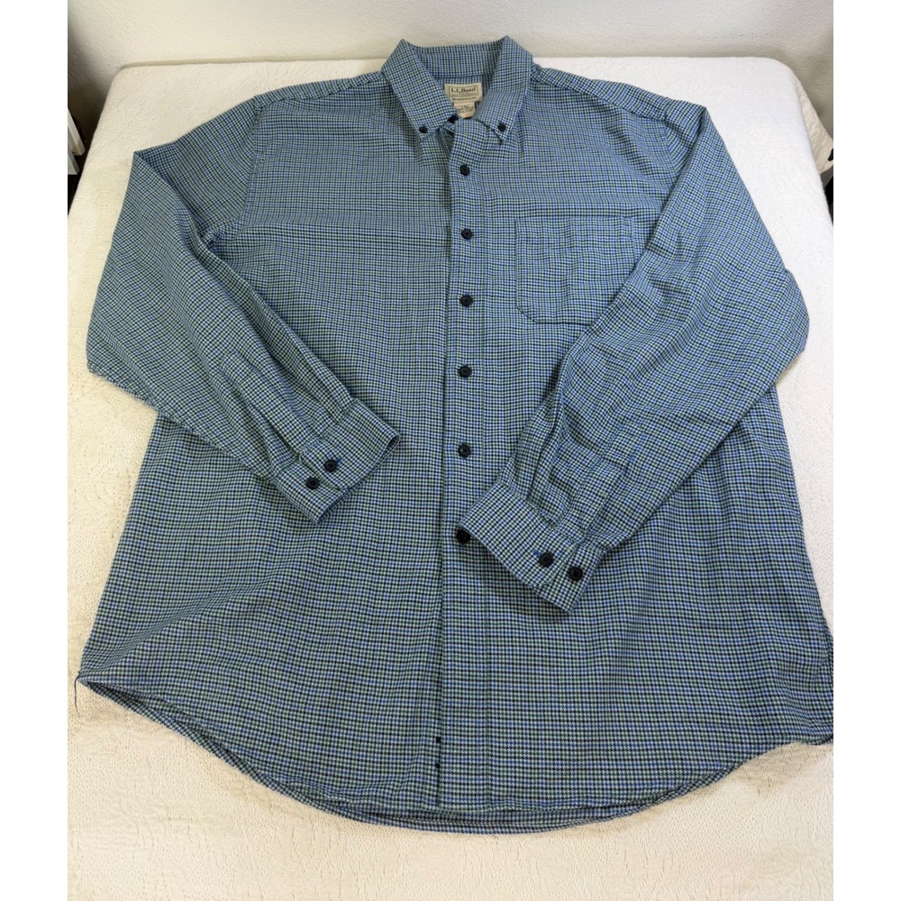 LL Bean Mens Traditional Fit Houndstooth Cotton Button Down Shirt Blue Green L
